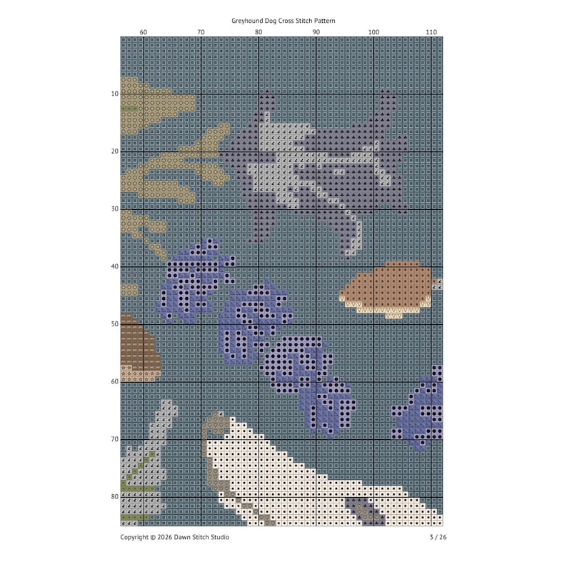Greyhound Dog Cross Stitch Pattern PDF – Counted Floral Botanical Chart