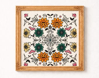 Motif floral Halloween au point de croix, tableau compté gothique citrouille en PDF