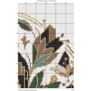 K&ouml;nnte beinhalten: Ein Kreuzstichmuster mit dem Titel Art Nouveau Floral Cross Stitch Pattern, das ein Gitter mit nummerierten Achsen zeigt. Das Design enth&auml;lt stilisierte Blumenmotive in Schwarz, Dunkelgr&uuml;n, Beige und zartem Rosa mit Symbolen f&uuml;r jeden Stich.