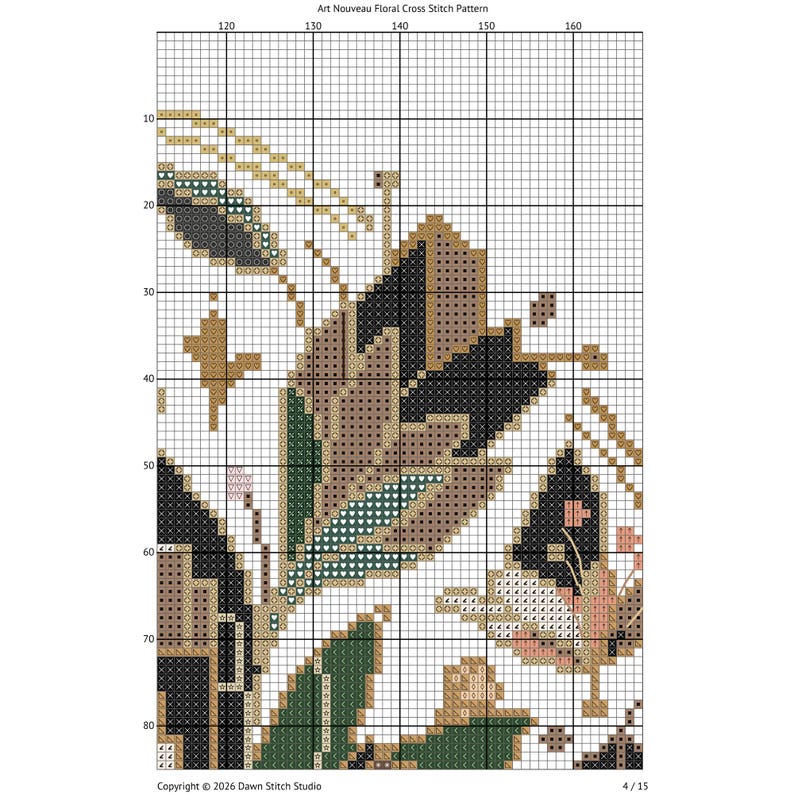 K&ouml;nnte beinhalten: Ein Kreuzstichmuster mit dem Titel Art Nouveau Floral Cross Stitch Pattern, das ein Gitter mit nummerierten Achsen zeigt. Das Design enth&auml;lt stilisierte Blumenmotive in Schwarz, Dunkelgr&uuml;n, Beige und zartem Rosa mit Symbolen f&uuml;r jeden Stich.