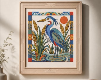 Héron, motif de point de croix, PDF, tableau des oiseaux des zones humides