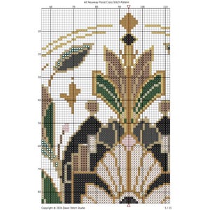 K&ouml;nnte beinhalten: Ein Kreuzstichmuster mit dem Titel Art Nouveau Floral Cross Stitch Pattern, das ein Raster mit nummerierten Achsen zeigt. Das Design zeigt symmetrische florale Motive in den Farben Gr&uuml;n, Braun, Schwarz und Creme. Copyright 2026 Dawn Stitch Studio.