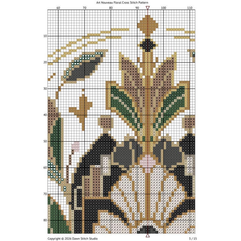 K&ouml;nnte beinhalten: Ein Kreuzstichmuster mit dem Titel Art Nouveau Floral Cross Stitch Pattern, das ein Raster mit nummerierten Achsen zeigt. Das Design zeigt symmetrische florale Motive in den Farben Gr&uuml;n, Braun, Schwarz und Creme. Copyright 2026 Dawn Stitch Studio.