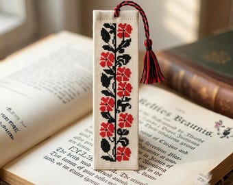 Bookmark Cross Stitch Pattern PDF Floral Red Flower Design
