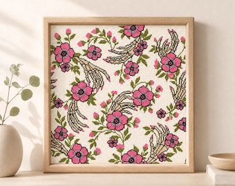 Halloween motif point de croix PDF floral squelette mains
