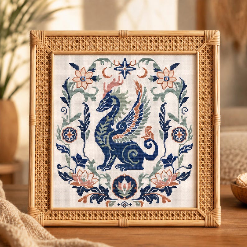 May include: A square cross-stitch embroidery featuring a central blue dragon with wings, surrounded by a symmetrical floral border in shades of blue, peach, and sage green, encased in a light-coloured wooden frame with a woven cane border.