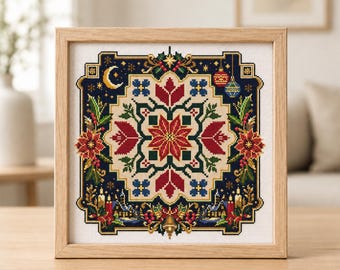 Poinsettia de Noël, motif de point de croix PDF, tableau floral des fêtes comptées