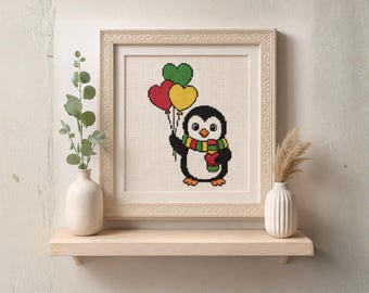 Schema per punto croce con pinguino di San Valentino in PDF, cuori e palloncini, ricamo digitale contato
