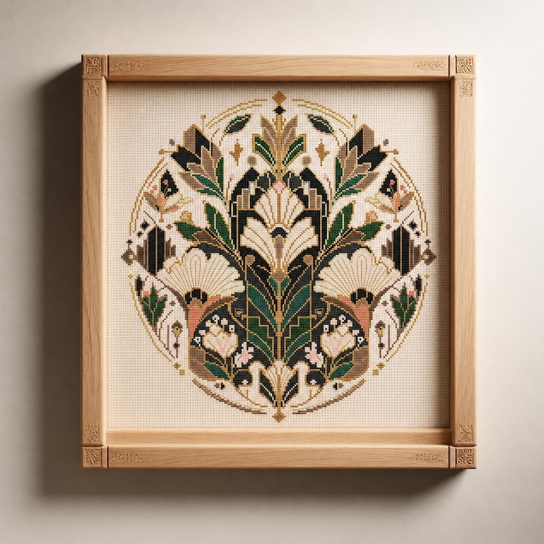 K&ouml;nnte beinhalten: Eine quadratische Kreuzstichstickerei mit einem kreisf&ouml;rmigen Blumen- und Pflanzenmuster in den Farben Schwarz, Creme, Gr&uuml;n und gedecktem Rosa. Die Handarbeit befindet sich in einem hellen Holzrahmen mit geschnitzten Eckdetails.