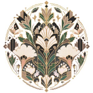 K&ouml;nnte beinhalten: Ein kreisf&ouml;rmiges Kreuzstichmuster mit einem symmetrischen Blumenarrangement in den Farben Schwarz, Waldgr&uuml;n, Beige und zartem Rosa. Das Design zeigt stilisierte Lilien und geometrische Blattelemente in einer vertikalen, ausgewogenen Anordnung.