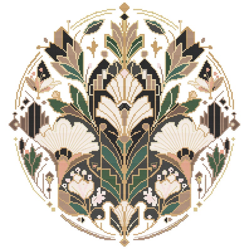 K&ouml;nnte beinhalten: Ein kreisf&ouml;rmiges Kreuzstichmuster mit einem symmetrischen Blumenarrangement in den Farben Schwarz, Waldgr&uuml;n, Beige und zartem Rosa. Das Design zeigt stilisierte Lilien und geometrische Blattelemente in einer vertikalen, ausgewogenen Anordnung.