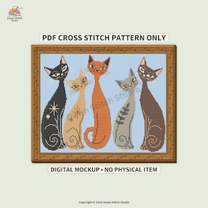 Boho Cat Cross Stitch Pattern PDF Five Cats Counted DMC Digital Chart