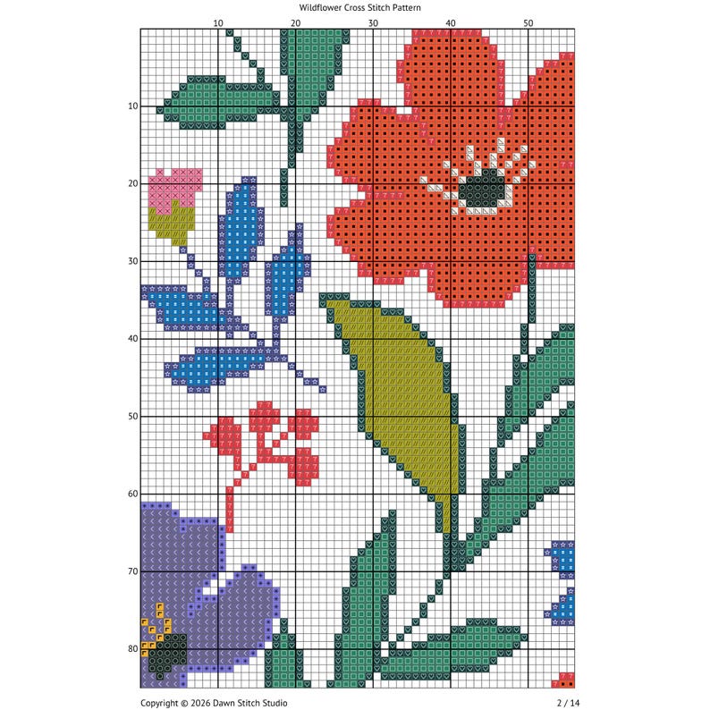 May include: A cross-stitch pattern featuring a floral design with a white background. The pattern includes red, blue, green, pink, and purple flowers and leaves. The text "Wildflower Cross Stitch Pattern" is at the top. Copyright 2026 Dawn Stitch Studio.