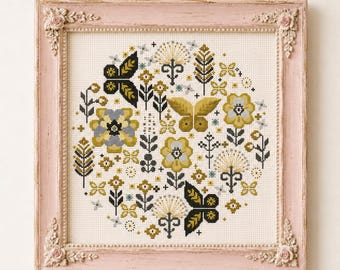 Motif papillon floral au point de croix, tableau compté PDF, téléchargement numérique