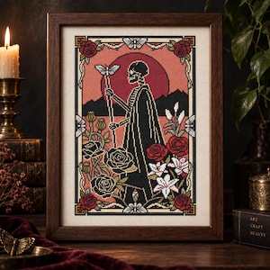 Gothic Skeleton Cross Stitch Pattern PDF Macabre Tarot Rose Chart
