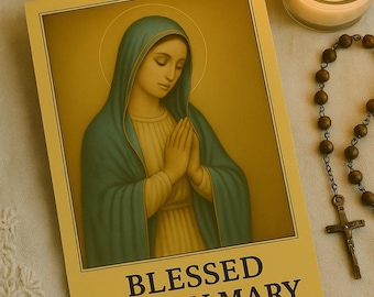 May include: A religious card featuring an illustration of the Blessed Virgin Mary in a teal cloak, with hands clasped in prayer. The card is on a cream-colored surface, next to a lit candle and a rosary. The text "BLESSED VIRGIN MARY" is printed on the card.