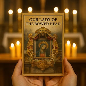 May include: A framed religious image of Our Lady of the Bowed Head, held by hands. The image features a portrait of a woman with a halo, framed in gold. The text "OUR LADY OF THE BOWED HEAD" is at the top. Lit candles and a crucifix are in the background.