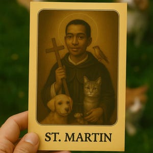 May include: A yellow card featuring a sepia-toned illustration of St. Martin holding a cross, with a halo, a bird, a dog, and a cat. The text "ST. MARTIN" is printed in black at the bottom of the card.