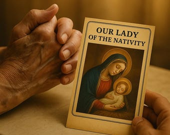 May include: A religious card featuring an illustration of Mary and baby Jesus, with the text "OUR LADY OF THE NATIVITY" at the top. The card is held by a person.