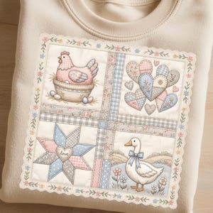 Vintage grand-mère core couette PNG, Cottagecore oie & poule patchwork, conception de sublimation de ferme économe des années 90