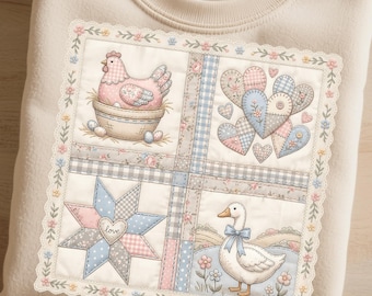 Edredón vintage Grandma Core PNG, patchwork de ganso y gallina estilo cottagecore, diseño de sublimación de casa de campo de segunda mano de los 90