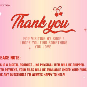 Puede incluir: Anuncio de producto digital con un fondo degradado rosa y amarillo. El texto "Thank you" est&aacute; en una fuente cursiva roja grande. El texto adicional incluye "For visiting my shop! I hope you find something you love." y "Please note: This is a digital product."