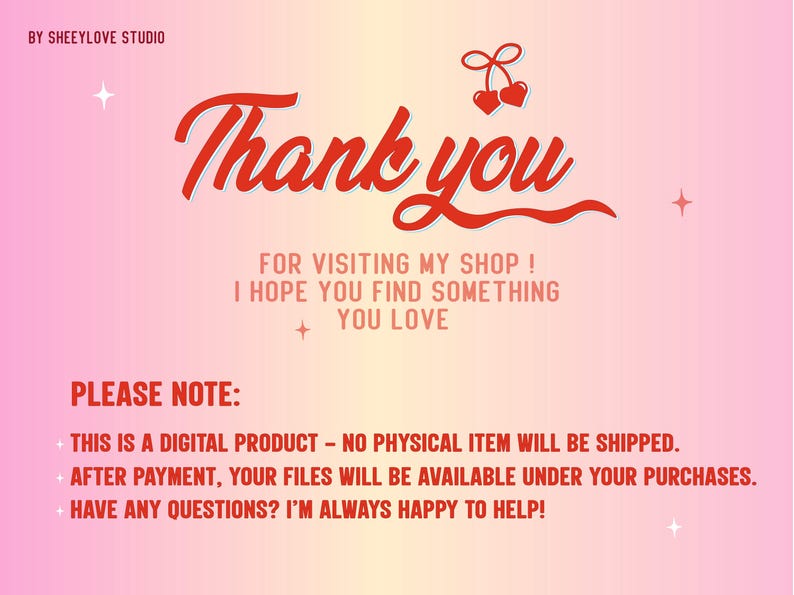 Puede incluir: Anuncio de producto digital con un fondo degradado rosa y amarillo. El texto "Thank you" est&aacute; en una fuente cursiva roja grande. El texto adicional incluye "For visiting my shop! I hope you find something you love." y "Please note: This is a digital product."