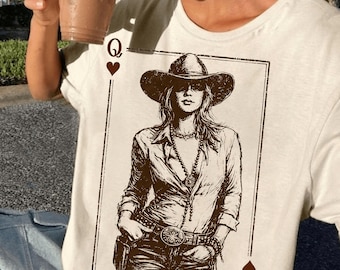 Summer Cowgirl Queen of Hearts PNG, Western Playing Card Design, Vintage Rodeo Cowgirl Graphic, Country Sublimation Download