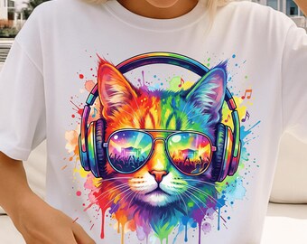 Colorful Cat Png, Sublimation Design, Rainbow Kitten Png, Headphones Png, Trendy Png, Instant Digital Download Png