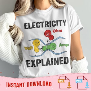 Könnte beinhalten: Weißes T-Shirt mit dem schwarzen Text "ELECTRICITY EXPLAINED". Das Design zeigt Cartoonfiguren, die Volt, Ohm und Amp darstellen, mit einer humorvollen Illustration elektrischer Konzepte. Der Text "INSTANT DOWNLOAD" steht unten.