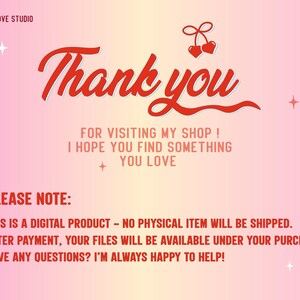 Puede incluir: Anuncio de producto digital con fondo degradado rosa y amarillo. El texto "Thank you" est&aacute; en una fuente cursiva roja grande. El texto adicional incluye "For visiting my shop! I hope you find something you love." y "Please note: This is a digital product."