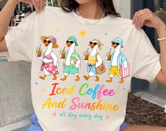 Iced Coffee And Sunshine PNG, Funny Goose PNG, Summer Vibes Goose, Summer Coffee Lover Quote, Aesthetic Summer Digital Download