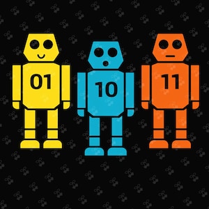Peut inclure: Trois illustrations de robots colorés sur fond noir. Les robots sont jaunes, bleus et oranges, chacun portant un numéro différent sur sa poitrine : 01, 10 et 11. Les robots ont des formes géométriques simples et des yeux noirs.
