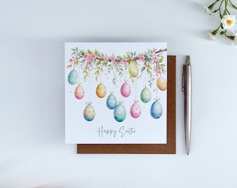 Happy Easter Card – Watercolour Easter Eggs Hanging From Branch
