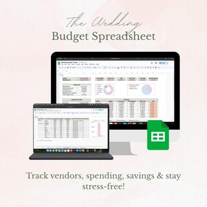 Puede incluir: Una hoja de cálculo digital de presupuesto de boda que se muestra en una computadora portátil y un monitor de escritorio. El texto "The Wedding Budget Spreadsheet" está en la parte superior. La hoja de cálculo incluye gráficos y datos. El texto "Track vendors, spending, savings & stay stress-free!" está en la parte inferior.