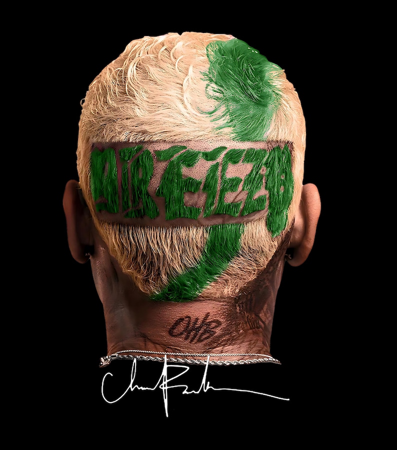 May include: A person's head with blonde hair and green accents. The word "AREGEE" is written in green across the back of the head. The initials "OHB" are tattooed on the neck, with a signature below.