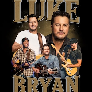 May include: A black graphic tee featuring multiple images of Luke Bryan with guitars. The name "LUKE BRYAN" is printed in large, gold, vintage-style lettering at the top and bottom of the tee.