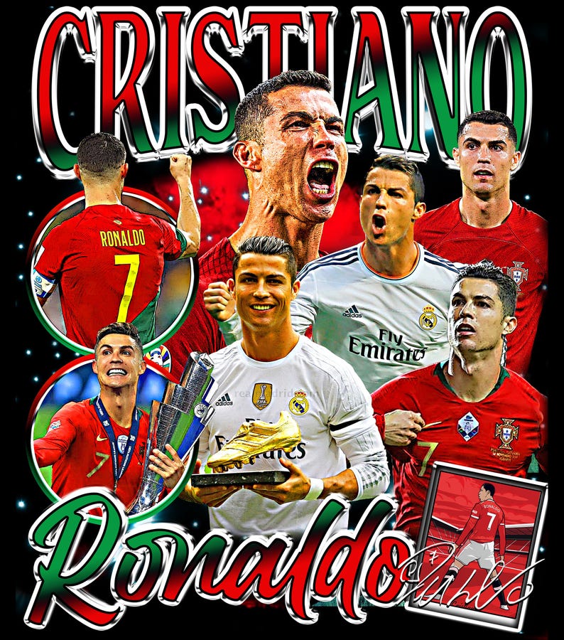 May include: A black t-shirt featuring multiple images of Cristiano Ronaldo in various poses. The name "Cristiano" is displayed in red and green, with "Ronaldo" in a cursive font. Ronaldo is wearing different soccer jerseys.