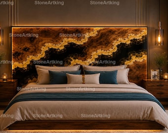 Burl Walnut and Black Epoxy Resin Headboard, Amber Yellow River Design, LED Backlighting