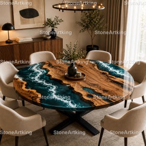 Round Ocean Epoxy Resin Dining Table Round Blue Epoxy River Dining Table, Handmade Round Epoxy Live Edge Wood & Blue Resin Dining Table