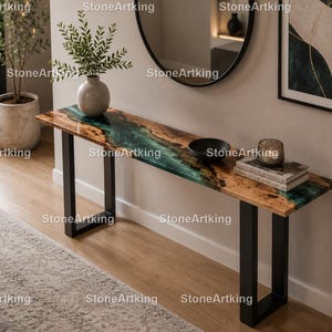 Emerald Green Epoxy River Console Table, Live Edge Epoxy River Console Table, Handcrafted Wood & Green Epoxy Resin River Console Table,