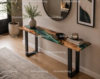 Emerald Green Epoxy River Console Table, Live Edge Epoxy River Console Table, Handcrafted Wood & Green Epoxy Resin River Console Table,