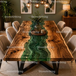 Green Epoxy River Dining Table | Live Edge Walnut Rectangle Table Live Green Resin River Dining Table | Walnut Wood Rectangle Dining Table |