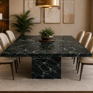Handcrafted Black Spider Marble Rectangular Dining Table, Luxury Pedestal Base