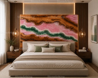 Cabecero de lujo de resina rosa con diseño de olas esmeralda – Diseño de ágata geoda artesanal
