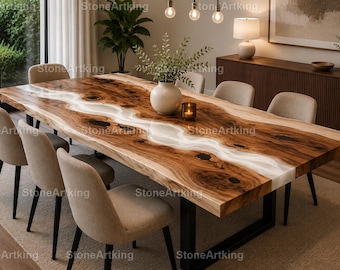 Live Edge White Epoxy River Dining Table Handmade Rectangle Walnut Dining Table Modern Luxury Furniture Rectangular Epoxy River Dining Table