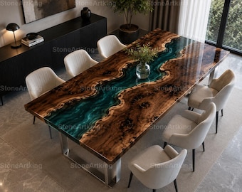Ocean Blue Epoxy River Dining Table, Luxury Blue Resin River Table, Live Edge Walnut & Blue Epoxy River Teal Blue Epoxy Resin Dining Table