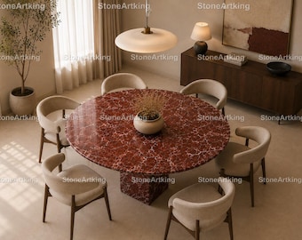 Luxury Round Rosso Levanto Marble Dining Table  Handcrafted Red Marble Round Dining Table Modern Round Marble  Table Deep Red Stone Table
