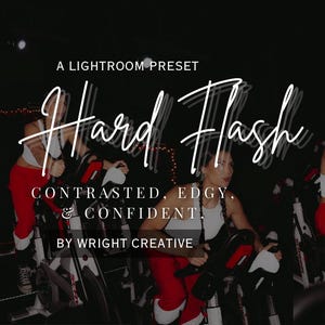 May include: Image promoting a Lightroom preset called "Hard Flash" with text that reads "Contrasted, Edgy, & Confident!" Three people are on stationary bikes, wearing white tops and red pants. The background is dark.