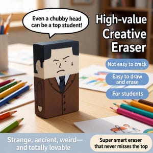 May include: A rectangular eraser shaped like a person in a brown suit with black hair. Text on the image reads: High-value Creative Eraser, Even a chubby head can be a top student!, Not easy to crack, Easy to draw and erase, For students, Strange, ancient, weird—and totally lovable, Super smart eraser that never misses the top.